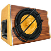 Subwoofer 10" 3800 W with wooden design and yellow cone for deep sound quality in a compact frame.