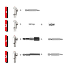 Illustratie van de onderdelen in de 220-delige bit- en doppenset met verschillende bits en opzetstukken.