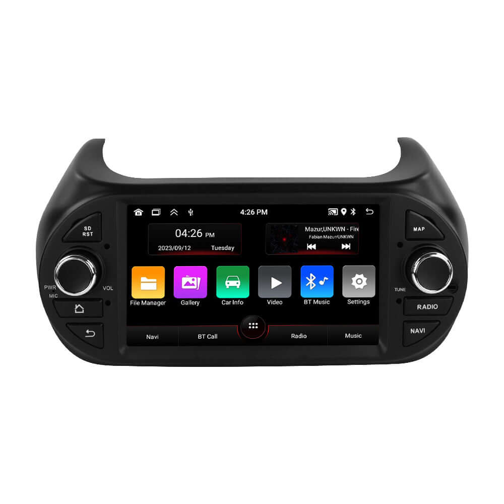 Fiat Fiorino 13-18 – 7" Radio m. Apple CarPlay og Android Auto med moderne skærm og knapper.