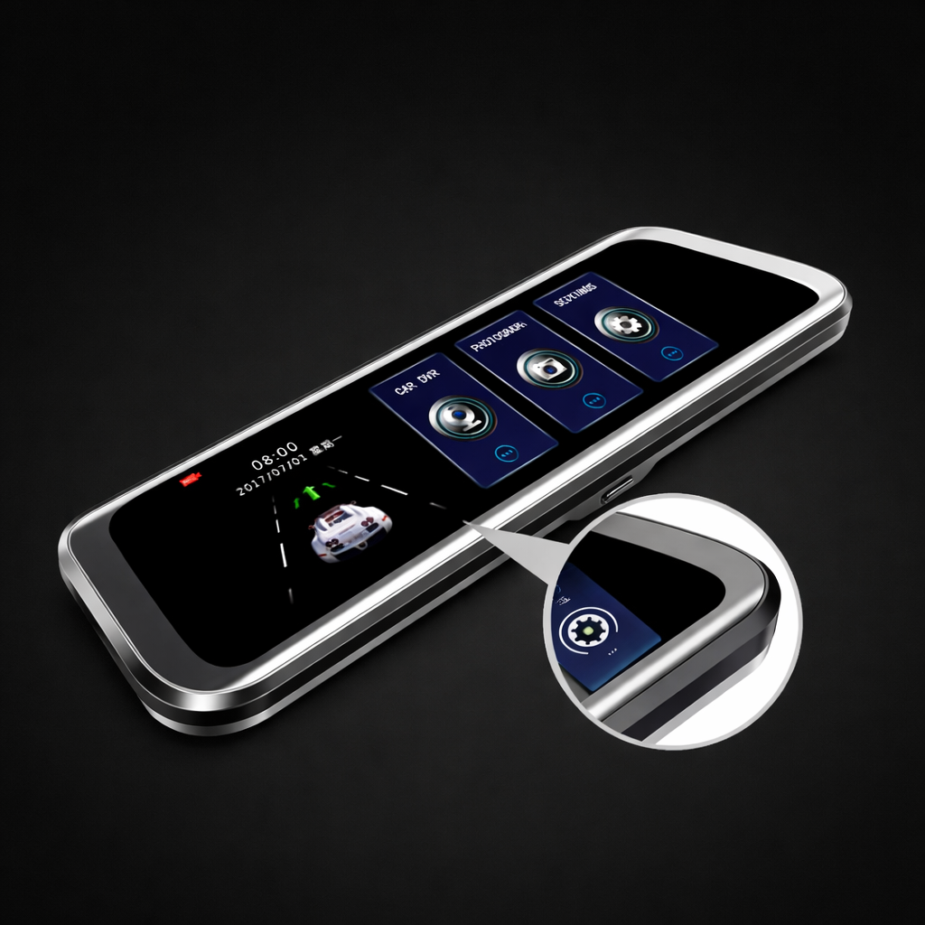 Bakspejl Dashcam med For- og Bakkamera – 10” IPS Touchskærm, Full HD 1080P med berøringsskærm visning.