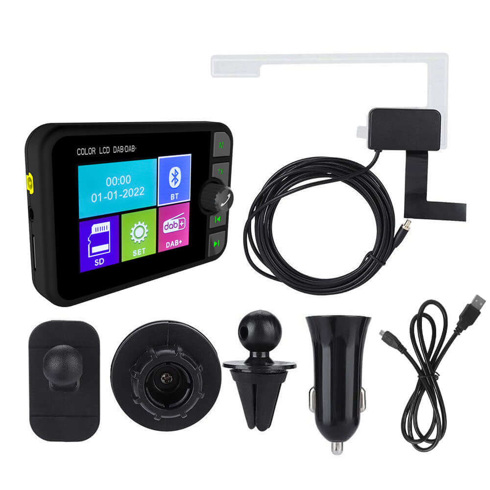 DAB+ adapter met 2,4" kleuren-LCD met Bluetooth, FM-transmitter en AUX - digitale autoradio met accessoires.