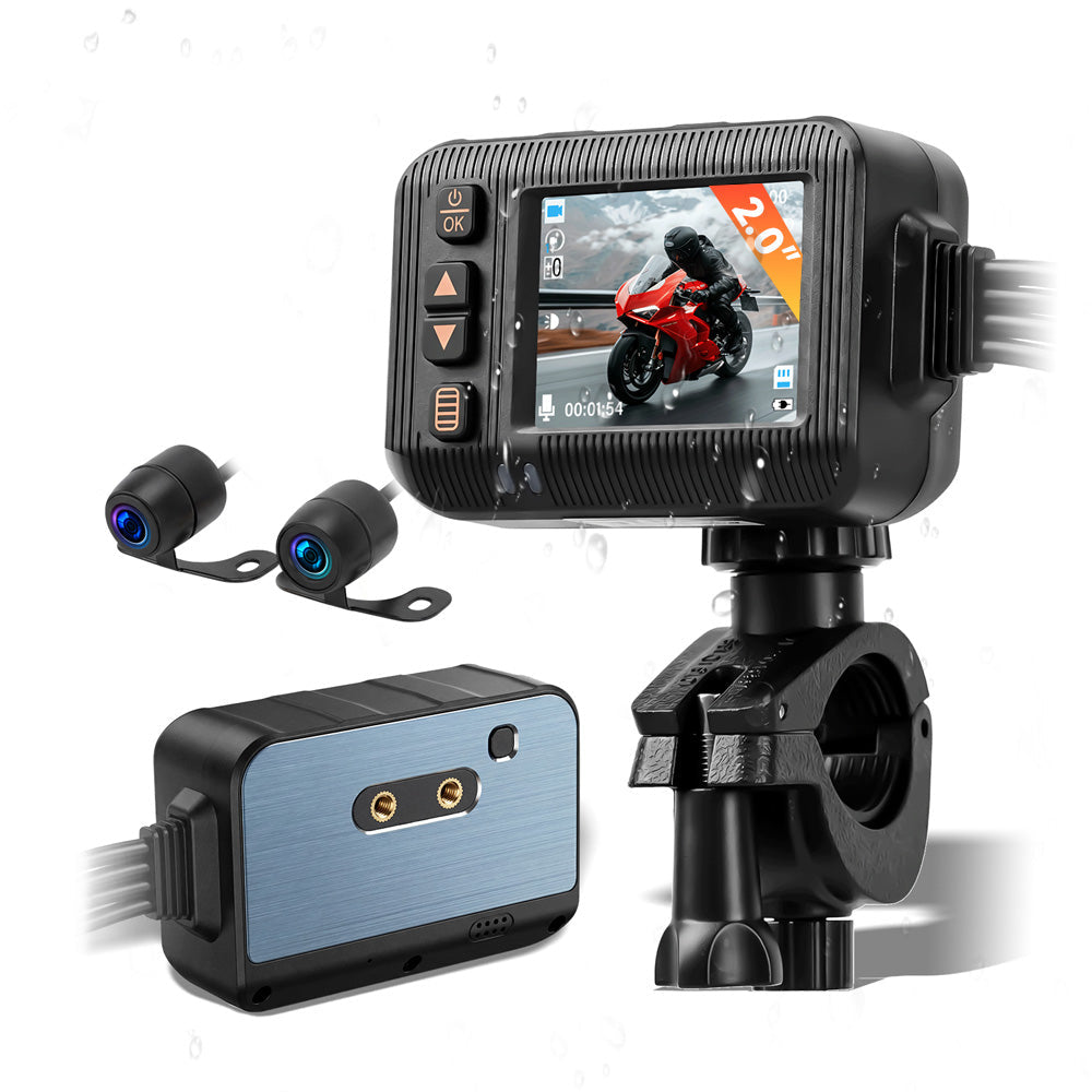 Câmara de bordo para moto 2” com câmara frontal e traseira 1080P - solução de segurança compacta para motociclos.