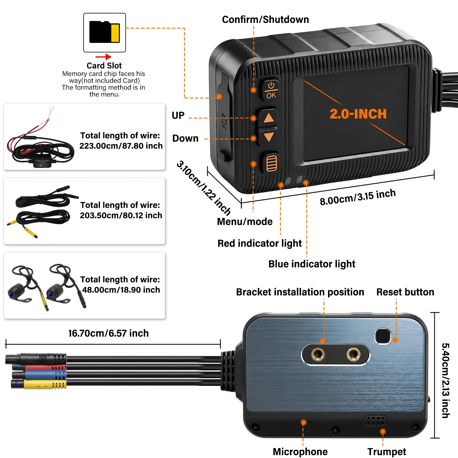 Câmara de bordo para moto 2” com câmara frontal e traseira 1080P - vista detalhada das funções da dashcam e das opções de ligação