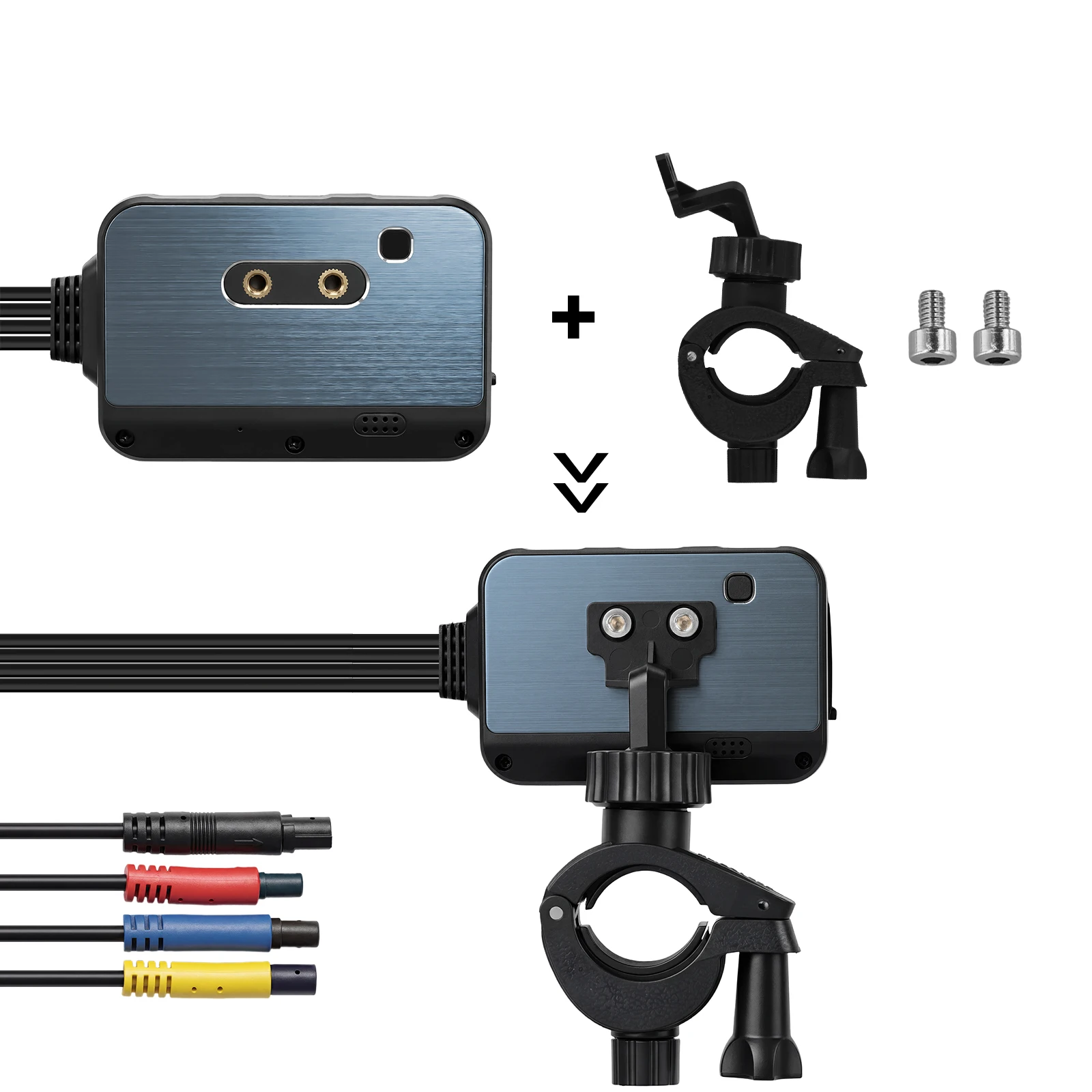 Câmara de bordo para moto 2” com câmara frontal e traseira 1080P, incluindo sistema de montagem e cabos de ligação.