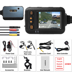 Câmara de bordo para moto 2” com câmara frontal e traseira 1080P - câmara frontal e traseira, acessórios e unidade de controlo.