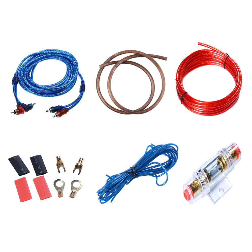 Komplet Forstærker Kabelsæt til Bil – Strøm, RCA & Sikringsholder med kabler og tilbehør til bilforstærker installation.
