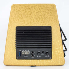 Subwoofer 10" 3800 W rear view with power input, level adjustment, and black grill.