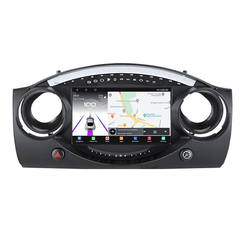 Mini Cooper 00-07 - 9" Radio m. Apple CarPlay og Android Auto med berøringsskærm og navigationsfunktion.