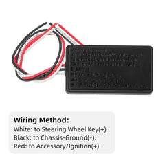 Draadloze stuurwielbediening in bekerhouder – universele afstandsbediening voor autoradio bedradingsmethode-overzicht met kleurcodering.