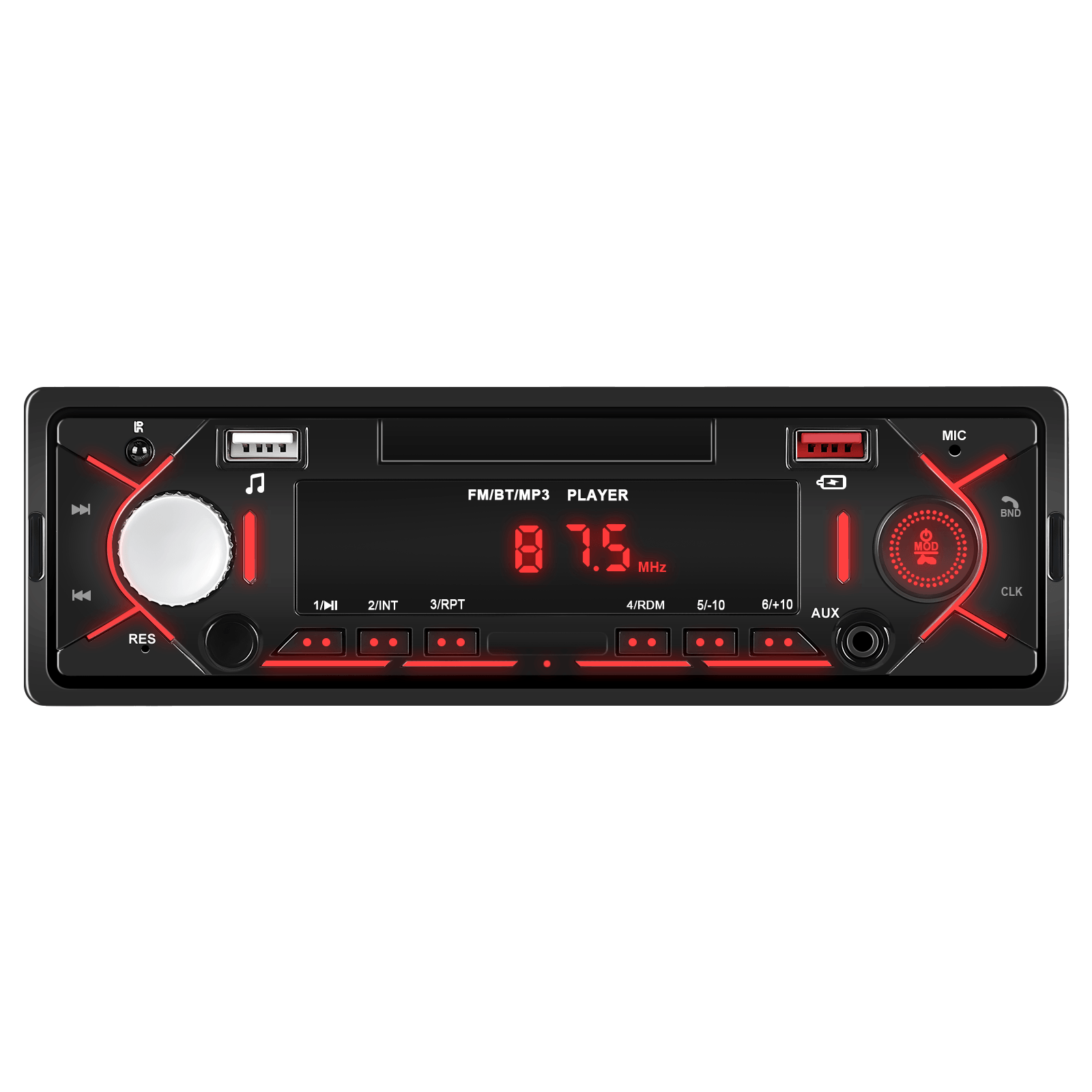 Universele 1-DIN radio met Bluetooth, FM & USB – MP3-speler met LED-display met rood licht en USB-poorten.