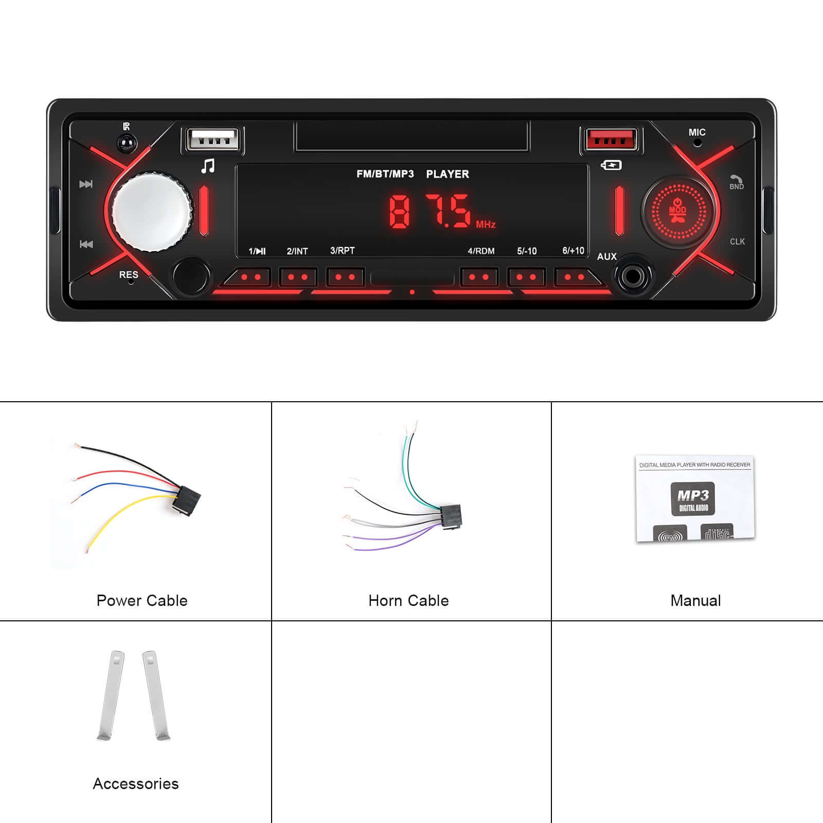 Universele 1-DIN radio met Bluetooth, FM & USB – MP3-speler met LED-display bedieningspaneel met accessoires