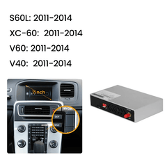 Trådløs Apple CarPlay & Android Auto modul – Volvo S60/XC60/V40/V60 11-18 med diagram over kompatible modeller.
